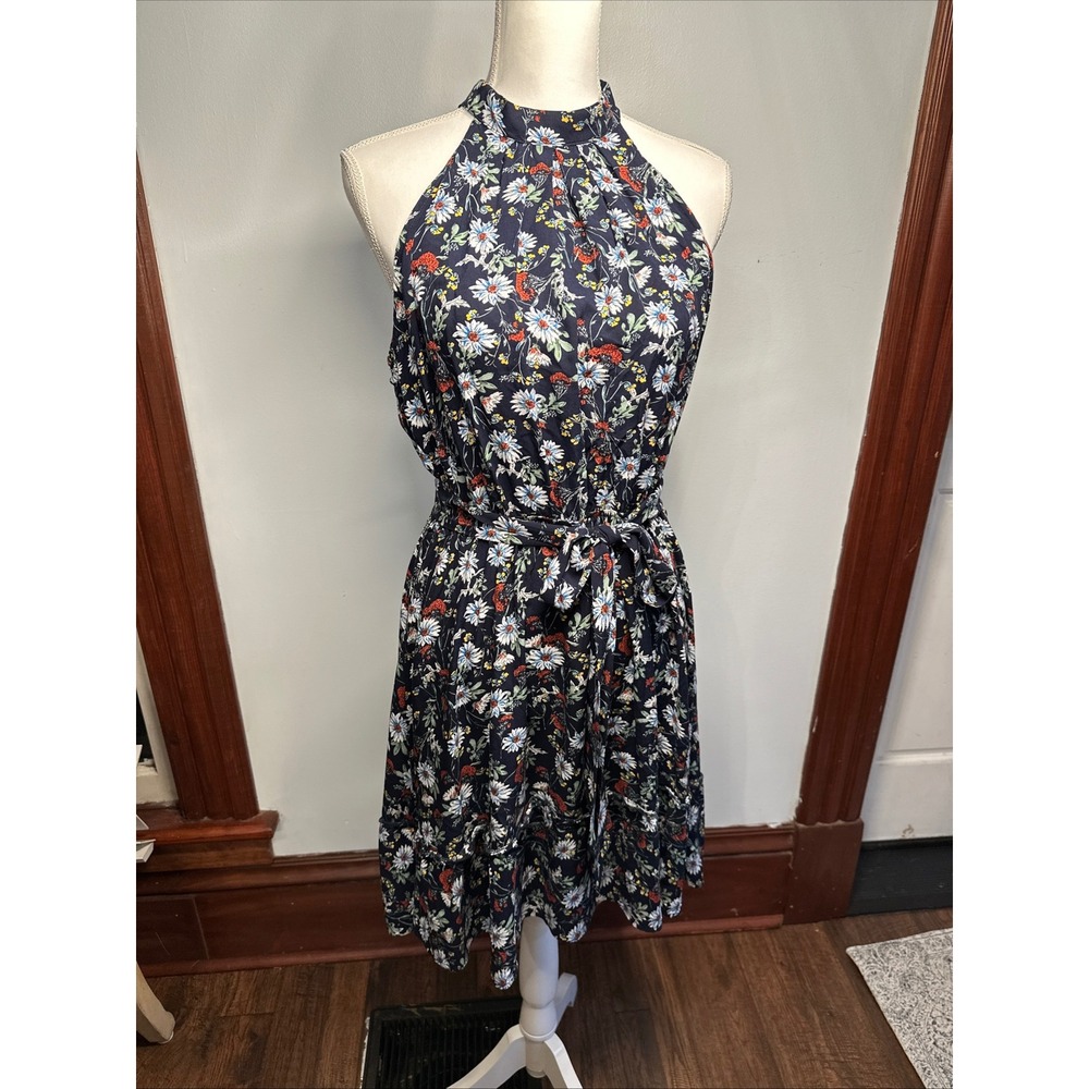 Naggoo Womens Navy Blue Floral Halter Neck Ruffle Hem Sun Dress Large L